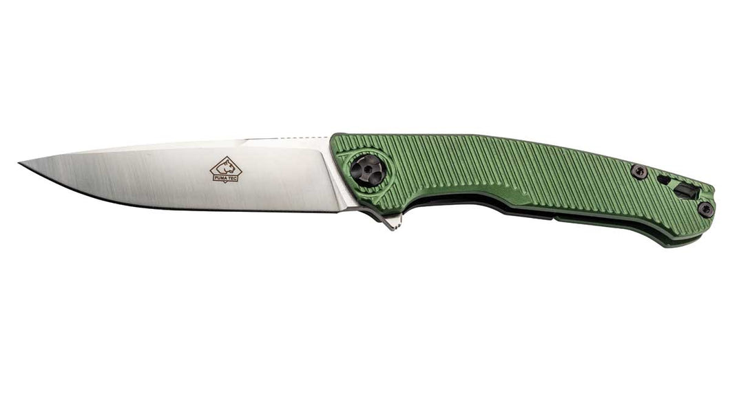 PUMA TEC one-hand knife, green aluminum with clip